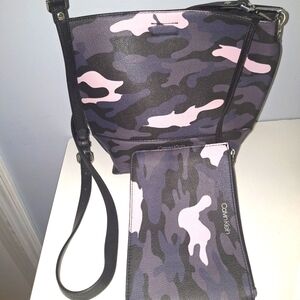 Calvin Klein Pink and Black Camo Crossbody with Wristlet Set